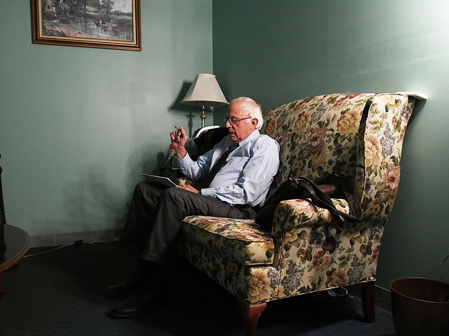 Bernie Sanders backstage in Vermont before an address.