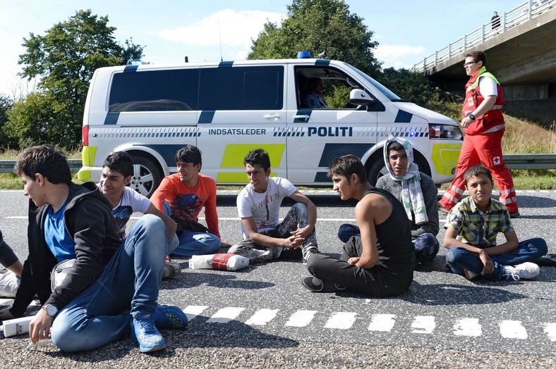 Migranci, głównie z Syrii i Iraku, na granicy duńsko-niemieckiej idą w kierunku Szwecji, 9 września 2015 r.