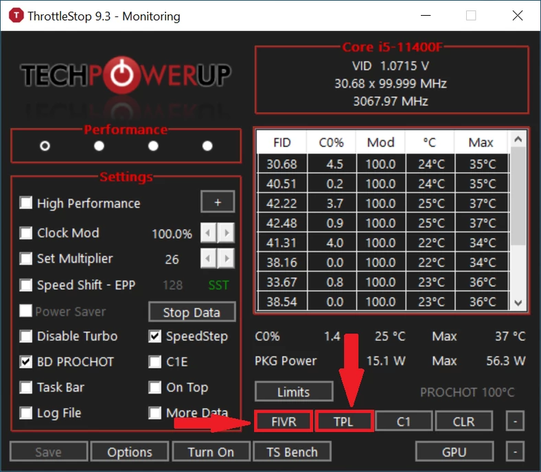 ThrottleStop – główne okno programu