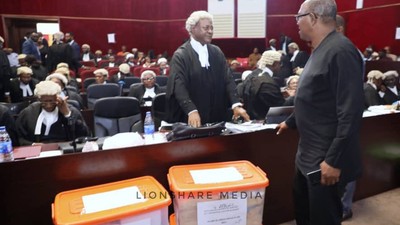 Peter Obi attends hearing of petition at the presidential tribunal in Abuja. [Twitter:balamiisaac]