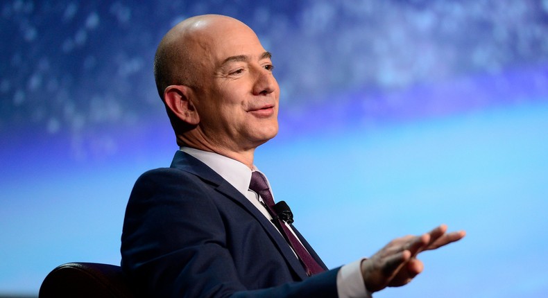 Founder of space company Blue Origin, Jeff Bezos, speaks about the future of commercial space travel during the 32nd Space Symposium on April 12, 2016 in Colorado Springs, Colorado.