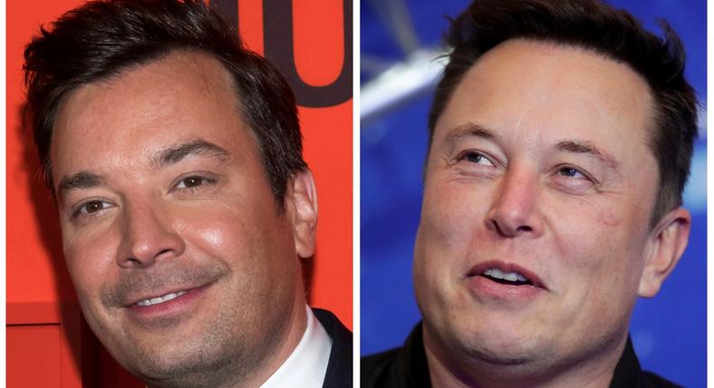 Jimmy Fallon; Elon Musk.Charles Sykes/Invision/AP, File; Hannibal Hanschke/Pool Photo via AP, File