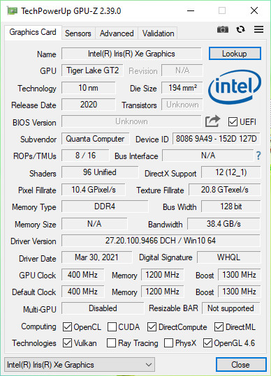 Huawei MateBook D 15 (2021) – GPU-Z – specyfikacja Iris Xe Graphics (80 EU) 