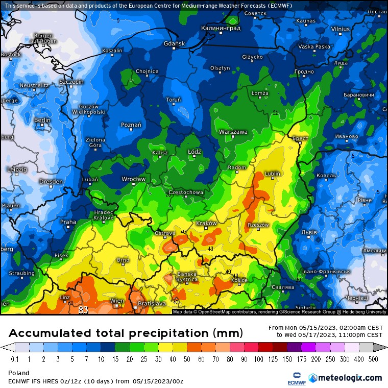 Do środy wieczorem na południowym wschodzie może spaść nawet 40-50 mm deszczu.