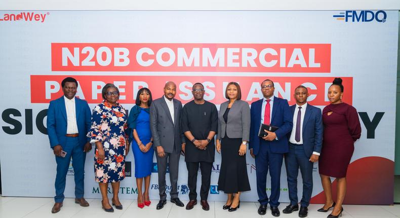 L-R: Mr. Taiwo Oguntimehin (Mega Capital Financial Services Limited); Mrs. Olufunke Aiyepola (UTL Trustees Management Services Limited); Ms. Shola Bello, Managing Director, LandWey Investment Ltd; Mr. AdeKunle Alade, Pathway Advisors Ltd; Mr. Olawale Ayilara, Group Managing Director, LandWey Investment Ltd; Mrs. Funmi Ekundayo (STL Trustees Ltd); Mr. Emmanuel Egbumokei (Mega Capital Financial Services Ltd); Mr. Eberechukwu Dike (Keystone Bank Ltd); and Ms. Genevieve Henshaw (The New Practice (Solicitor) at the official signing ceremony of LandWey Investment Ltd's N20bn Commercial Paper held at the company's headquarters in Lagos, recently.