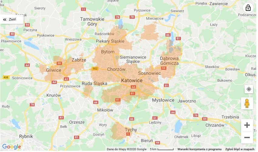 Mapa zasięgu 5G w Orange - Katowice i okolice