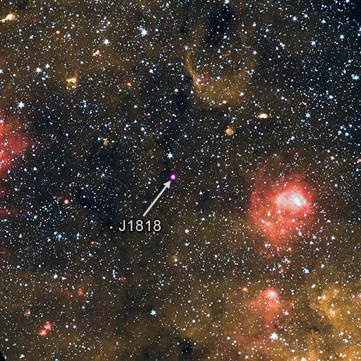 Magnetar J1818.0-1607 (źródło: X-ray: NASA/CXC/Univ. of West Virginia/H. Blumer; Infrared (Spitzer and Wise): NASA/JPL-CalTech/Spitzer)