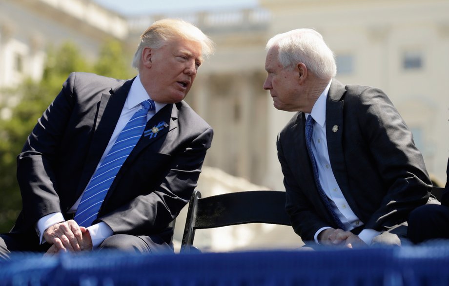 President Donald Trump speaks with Attorney General Jeff Sessions on May 15, 2017.