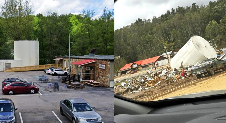 Hurricane Helene caused a water tower to collapse and destroyed Maples, a coffee shop in Burnsville, North Carolina.Google Maps; Courtesy of Bradace Nicholle Stewart