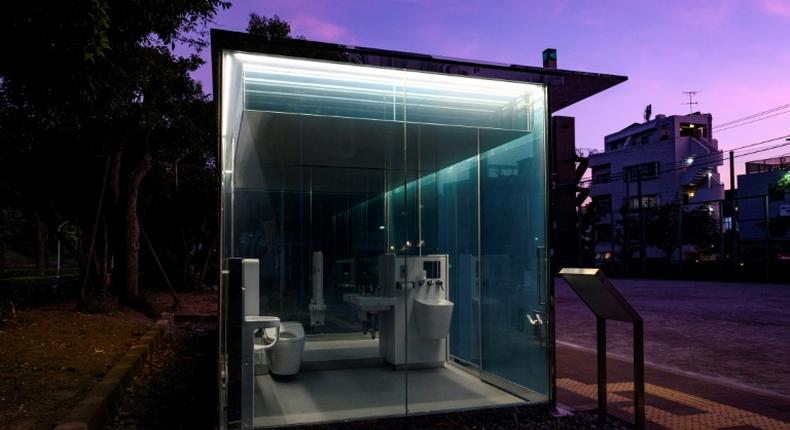 A new block of toilets in Tokyo features transparent walls that turn opaque when the user locks the door