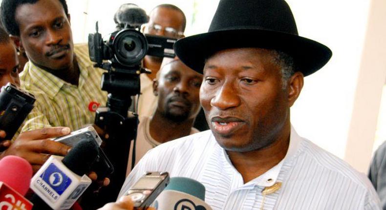 Ex-President Goodluck Jonathan addresses the press after a PDP meeting