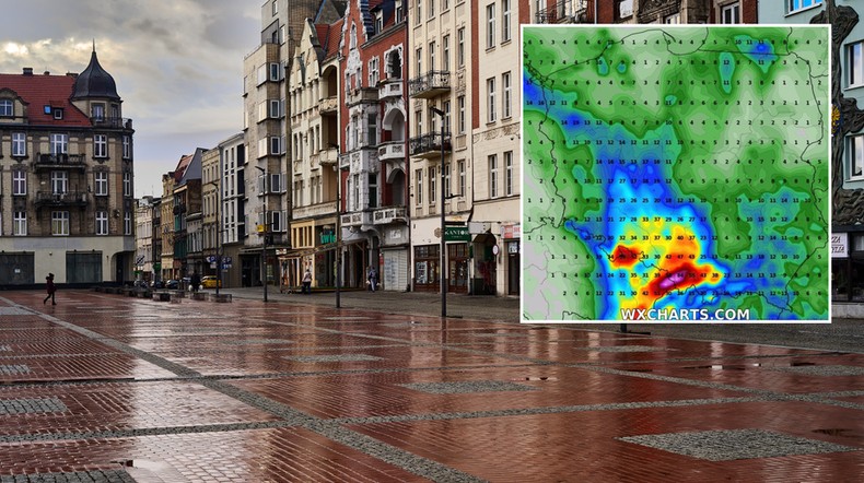 Niebawem wrócą intensywne opady. Spadnie nawet 40 mm wody (mapa: wxcharts.com)