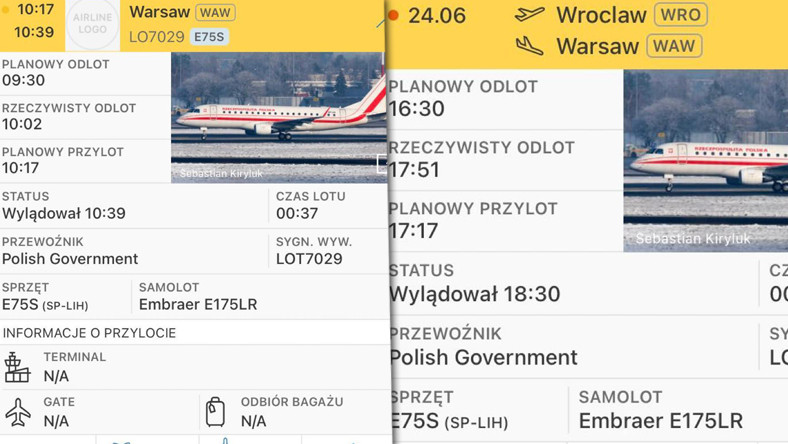Sobotnie loty premiera Mateusza Morawieckiego: z Warszawy do Wrocławia i z powrotem. Źródło: Flightradar24.com 
