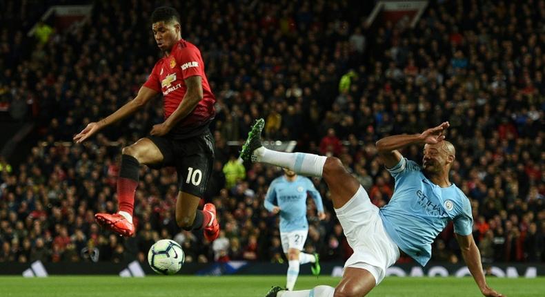 Manchester United forward Marcus Rashford in action in the Manchester derby at Old Trafford