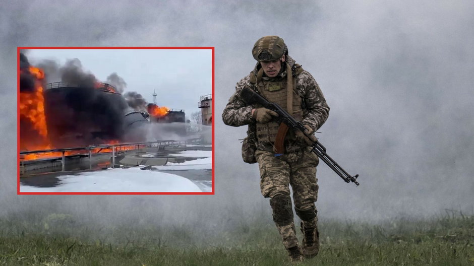 Ukraiński żołnierz oraz skład ropy naftowej Rosnieftu w zachodniorosyjskim mieście Klińce zniszczony po ataku ukraińskiego drona