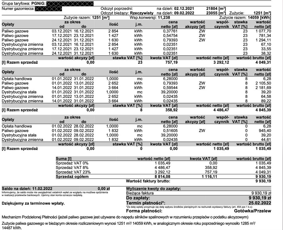rachunek za gaz