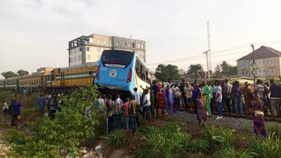 Scene of the accident involving a staff bus and a passenger train in Ikeja, Lagos. (Channels TV)