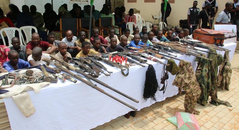 Criminal suspects paraded with arms and ammunition by the Nigeria Police Force in 2019 [NPF]