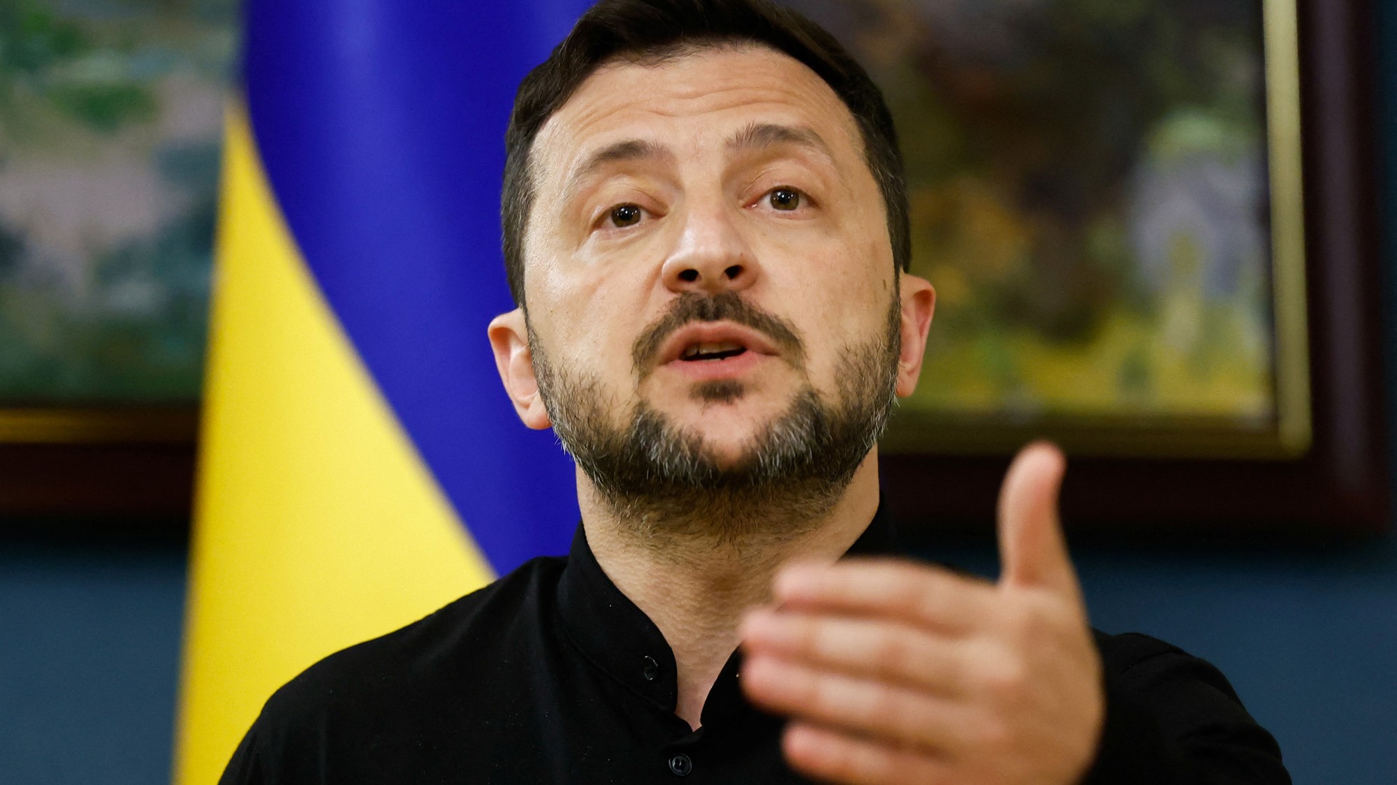 Ukrajinský prezident Zelenskyj počas tlačového stretnutia v Kyjeve, REUTERS/Thomas Peter