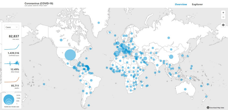 Mapa zasięgu COVID-19 na świecie. Źródło: WHO