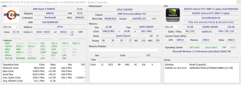 Asus ROG Zephyrus Duo 16 (GX650RX) – HWiNFO64 – podzespoły laptopa