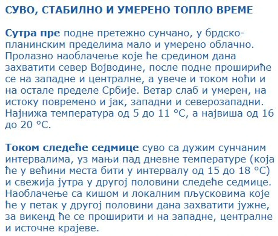 Vremenska prognoza za naredne dane