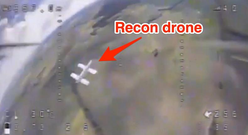 A still from a video that shows a Russian ZALA Lancet drone before it was hit by a cheaper Ukrainian FPV drone, according to a Ukrainian unit.Facebook/Operational-tactical group Kharkiv