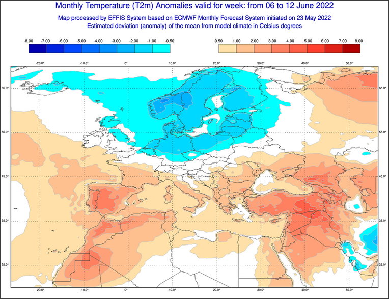 Odchylenie temperatury od normy w Europie w dniach 6-12.06.2022