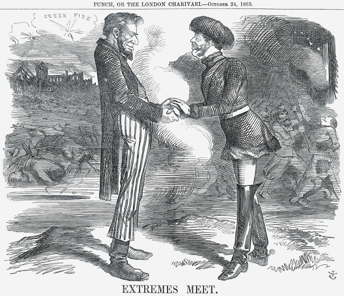 Karykatura z 1863 r. przedstawiająca prezydenta USA Abrahama Lincolna i cara Rosji Aleksandra II