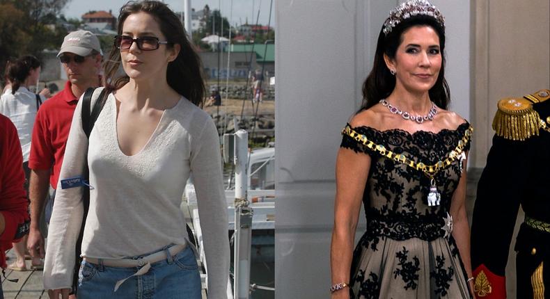 Crown Princess Mary of Denmark pictured in 2003, left, and 2022, right.Getty Images