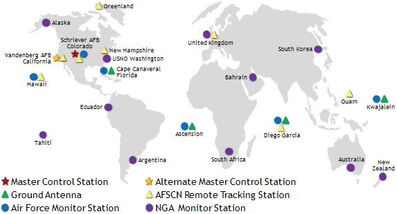 Mapa urządzeń amerykańskiego systemu GPS, źródło: gps.gov