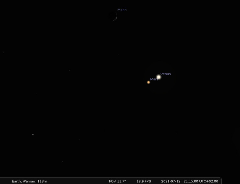 Lipcowa koniunkcja Wenus z Marsem i Księżycem widziana po godzinie 21 z okolic Warszawy