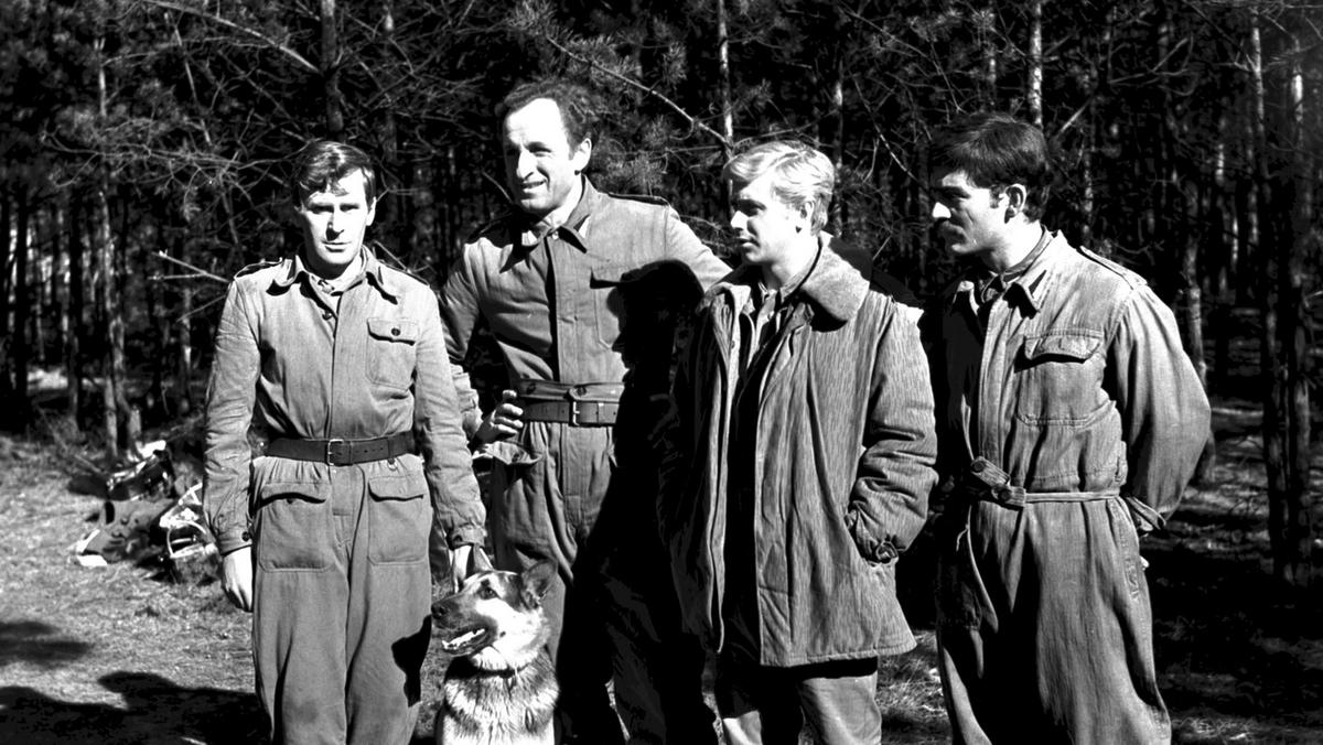 Polska, 1966. Na planie serialu Czterej pancerni i pies.  Wiesław Gołas (L), Franciszek Pieczka (2L), Janusz Gajos (2P), Włodzimierz Press (P) oraz pies Szarik. 