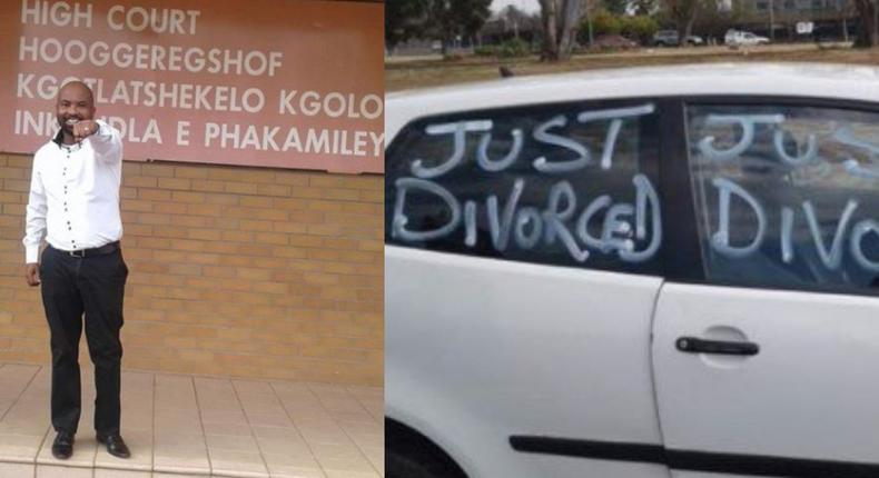 Man celebrates divorce by driving all over town in a car littered with Just Divorced