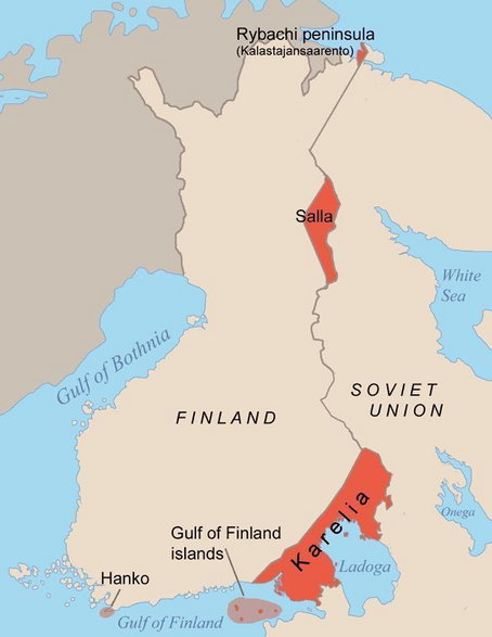 Fińskie straty terytorialne w wyniku wojny zimowej (aut. Jniemenmaa, opublikowano na licencji Creative Commons Uznanie autorstwa – Na tych samych warunkach 3.0)