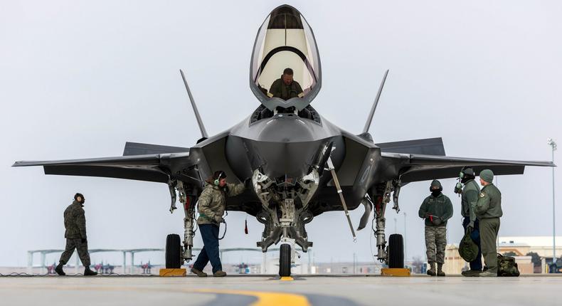An F-35A Lightning II team parks the aircraft for the first time at Mountain Home Air Force Base, Idaho, Feb. 8, 2016.