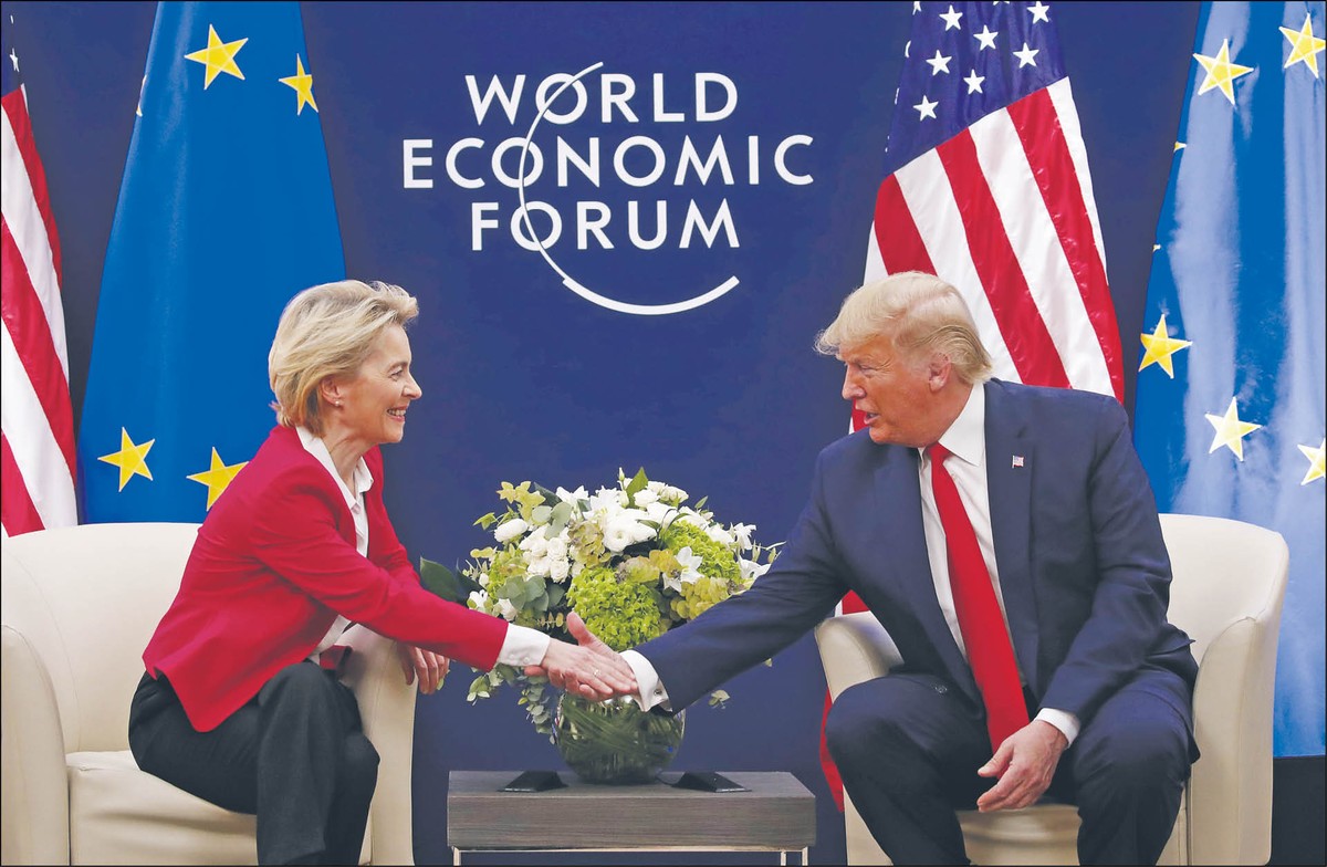 Przewodnicząca Komisji Europejskiej Ursula von der Leyen z prezydentem Stanów Zjednoczonych Donaldem Trumpem na forum w Davos