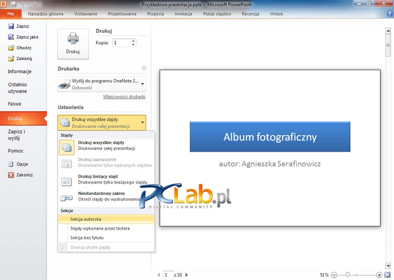 MS PowerPoint 2010 – funkcje drukowania prezentacji z wykorzystaniem sekcji (kliknij, aby powiększyć)