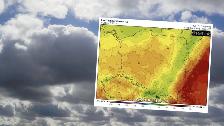 W weekend upały odpuszczą i czasami zmoczy nas deszcz (mapa: wxcharts.com)