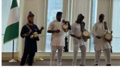 Beating of Gangan (Talking drums) by Olu-Gan Gan troupe at “Ayan Atayero Festival (festival of drums) at Nigeria House in New York drum. [NAN]