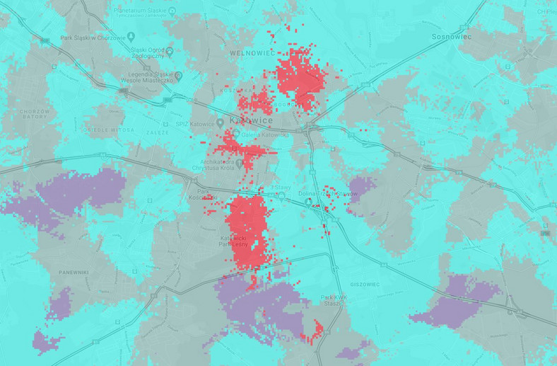 Mapa zasięgu 5G w Plusie - Katowice