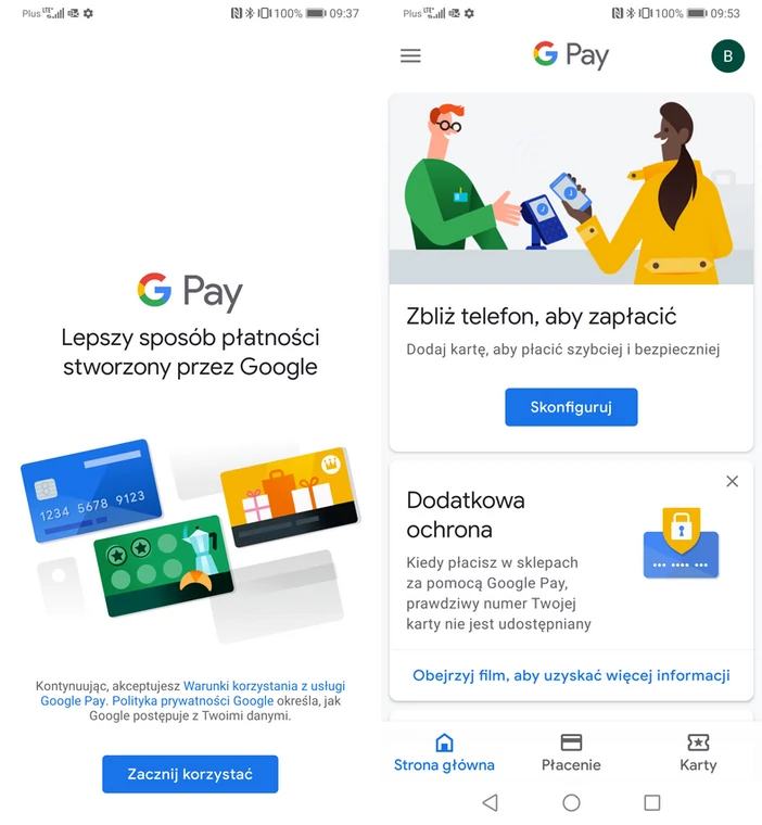 Google Pay - ekran powitalny i okno główne