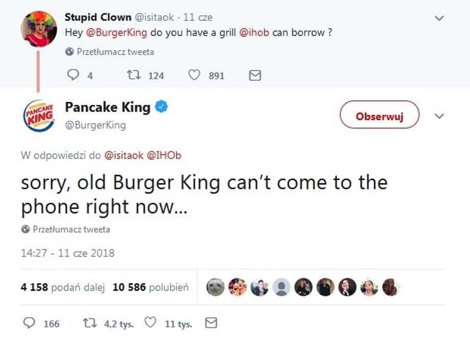 Odpowiedź Pancake/Burger Kinga na Twitterze