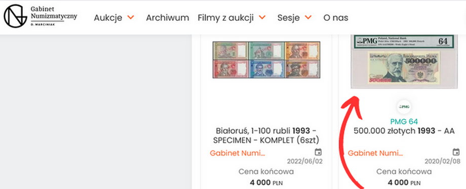 500 tys. zł z 1993 r. (fot. screen z aukcje.gndm.pl)
