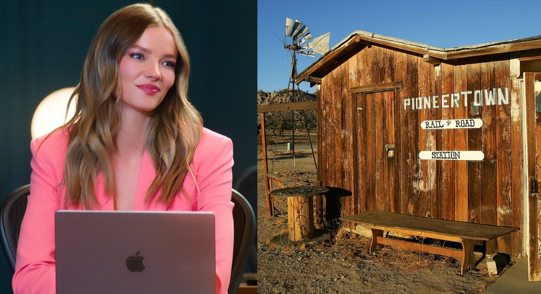 Alanna Gold in season 8 of Selling Sunset and a shot of Pioneertown.Courtesy of Netflix (left) David McNew/Getty Images (right)