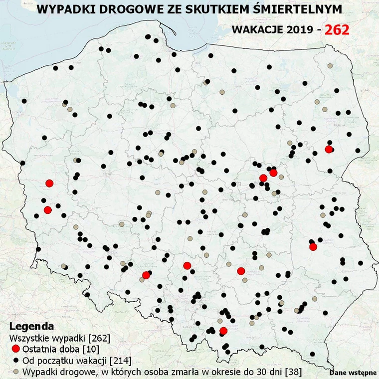 Mapa wypadków drogowych ze skutkiem śmiertelnym – Wakacje 2019