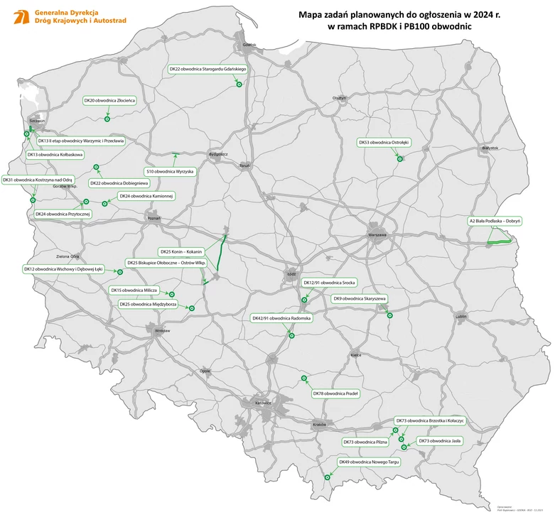 Mapa zadań planowanych do ogłoszenia w 2024 r. w ramach RPBDK i PB100 obwodnic