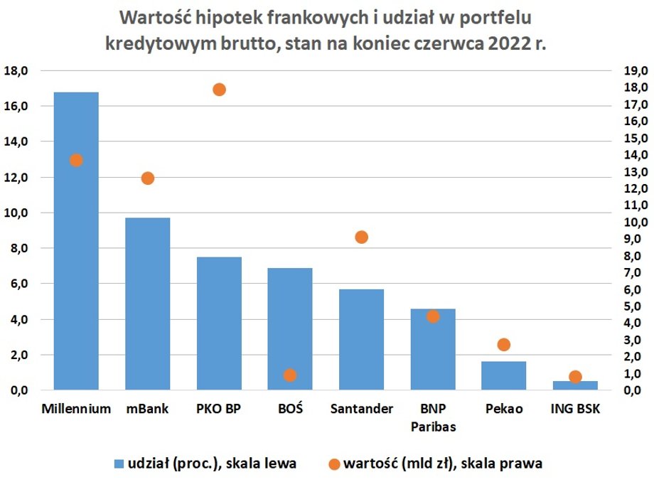 Millennium i mBank są podmiotami, w których hipoteki frankowe stanowią największą część całego portfela kredytowego. 
