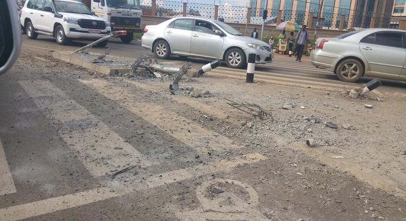Destroyed safety bollards along Ngong Road (Twitter)
