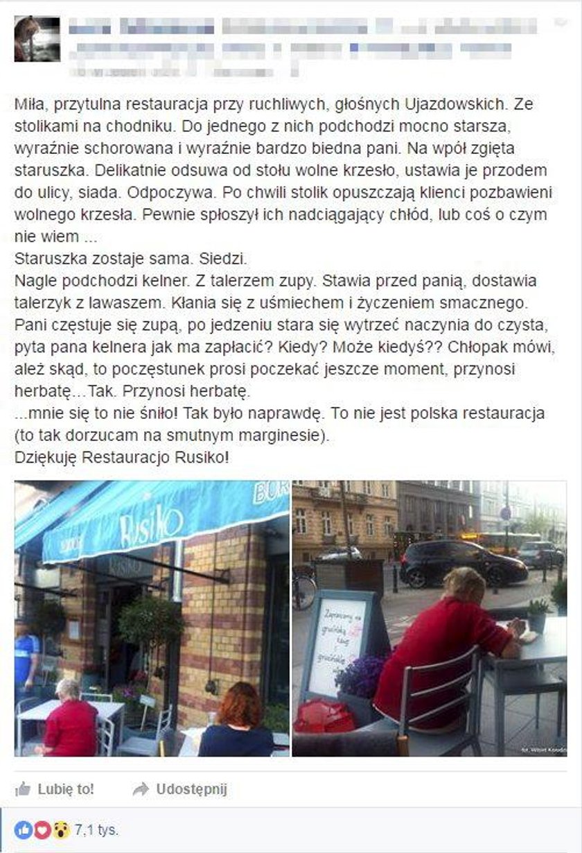 Staruszka chciała odpocząć w restauracji. Zachowanie kelnera zaskoczyło wszystkich